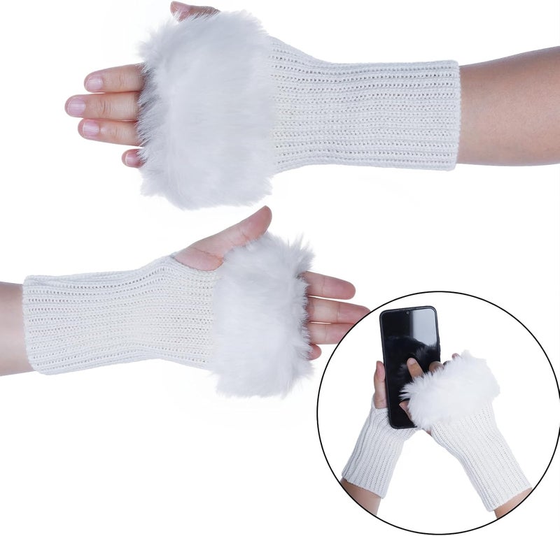 cnomg Winter Faux Fur Fingerless Gloves Faux Fur Half Finger Warmers Fingerless Gloves for Women Girls Working Writing - Image 5